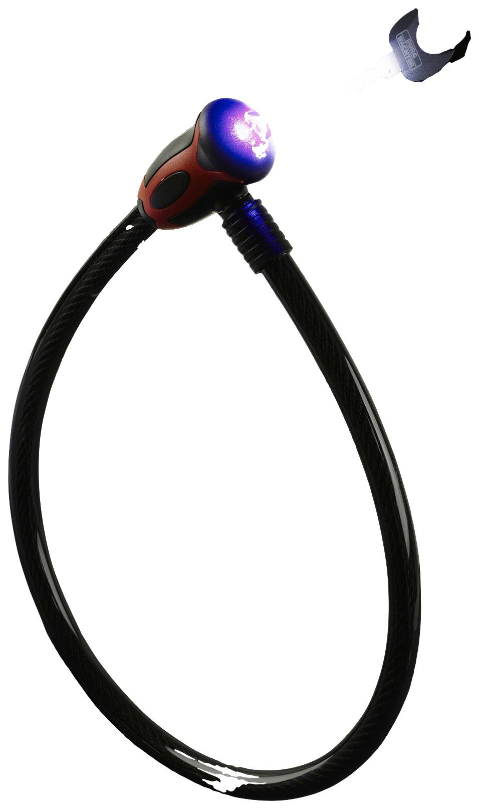 Ein schwarzes Kabelschloss mit einem leuchtenden, rot-schwarzen Verschluss. Ein kleiner, schwebender Schlüssel ist sichtbar.