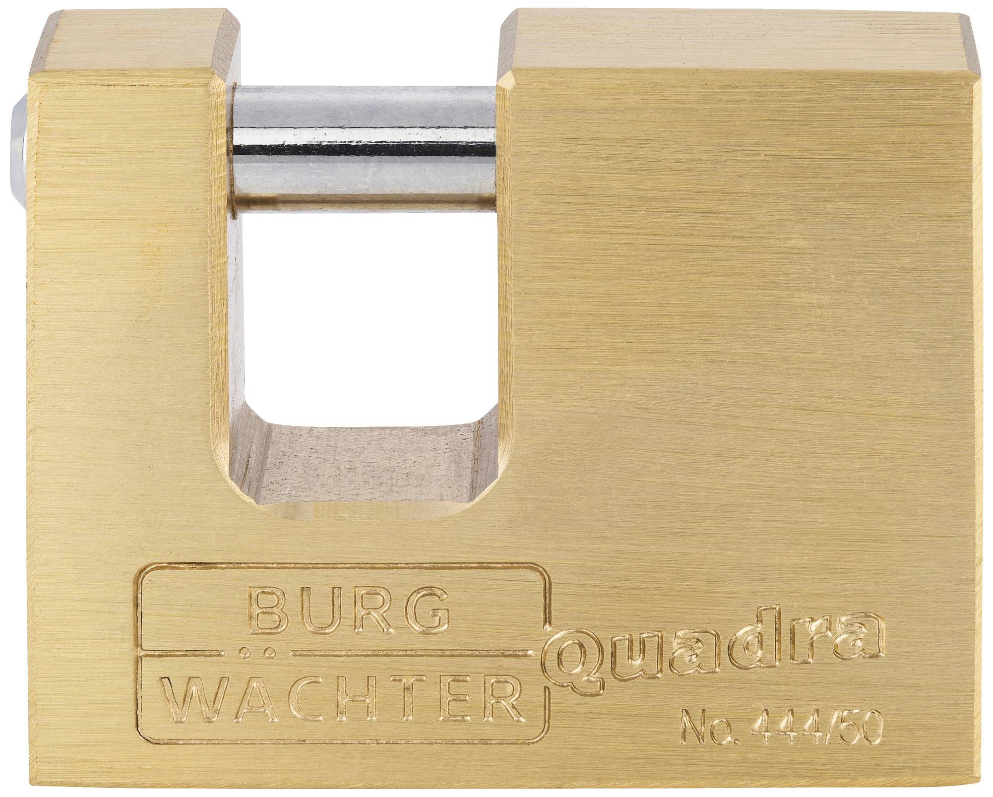 Ein massives, rechteckiges Vorhängeschloss aus Messing mit dem eingravierten Schriftzug 'BURG WÄCHTER Quadra No. 444930'.