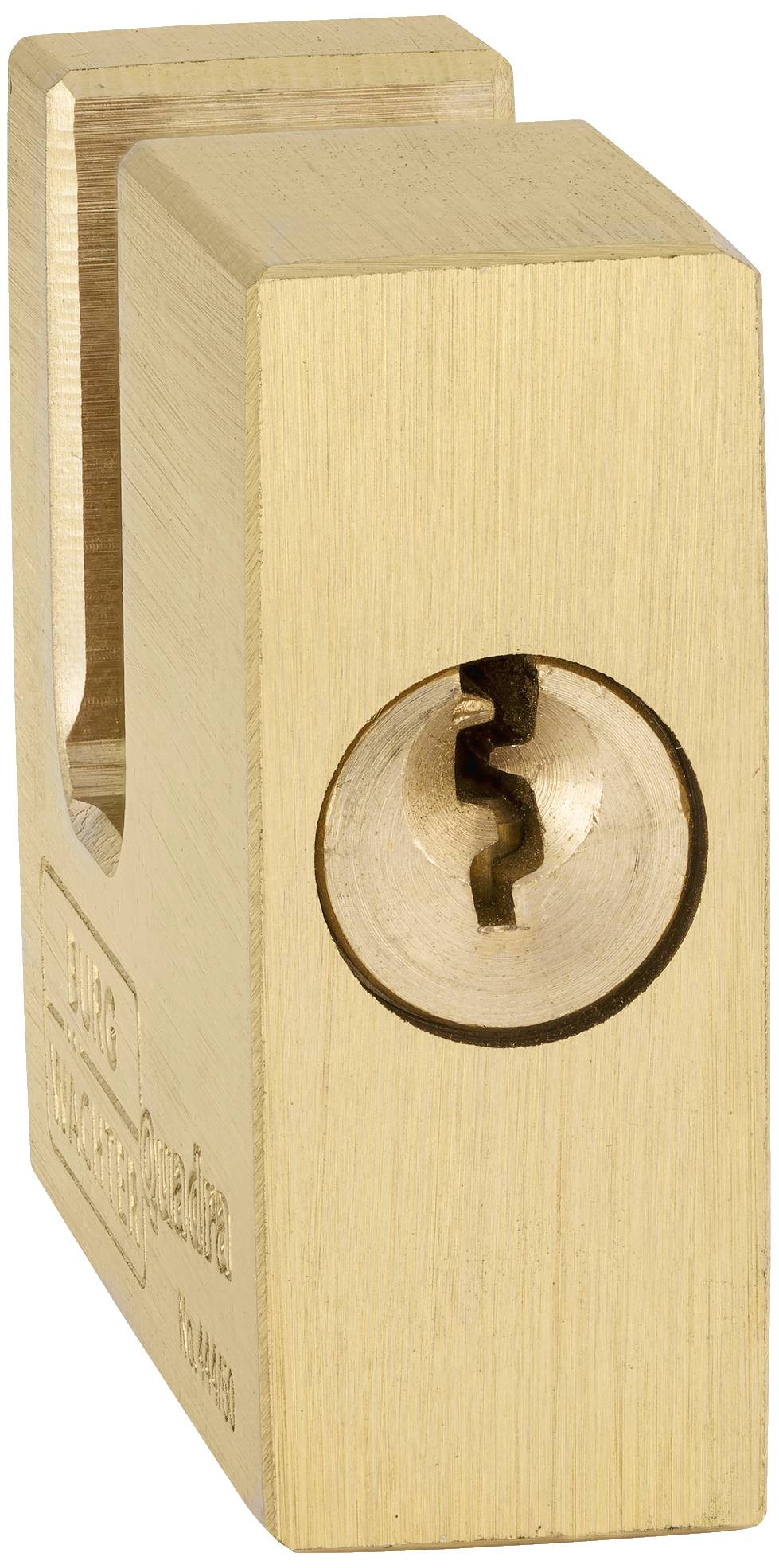 Ein rechteckiges Messingvorhängeschloss mit einem speziellen Schlossmechanismus in Nahaufnahme.