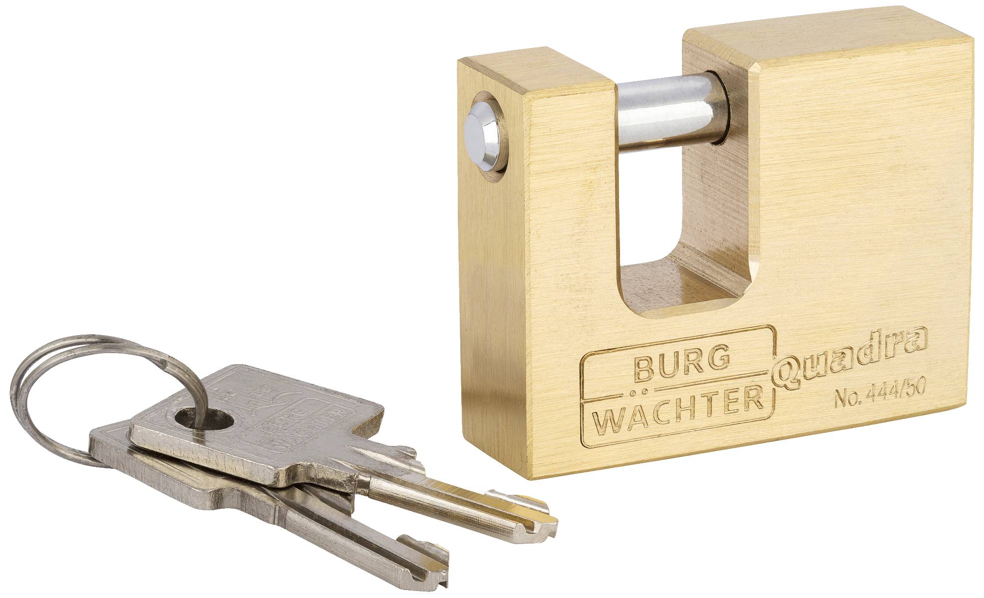 Ein Vorhängeschloss aus Messing mit der Aufschrift 'Burg Wächter' neben einem Schlüsselbund mit zwei Schlüsseln.