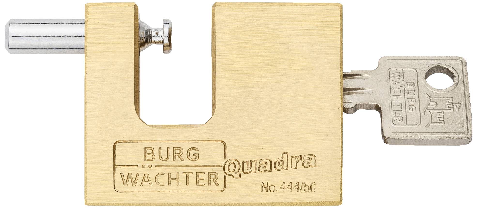 Ein messingfarbenes Vorhängeschloss mit der Aufschrift 'Burg Wächter Quadra No. 444/50', gezeigt mit einem dazugehörigen Schlüssel.