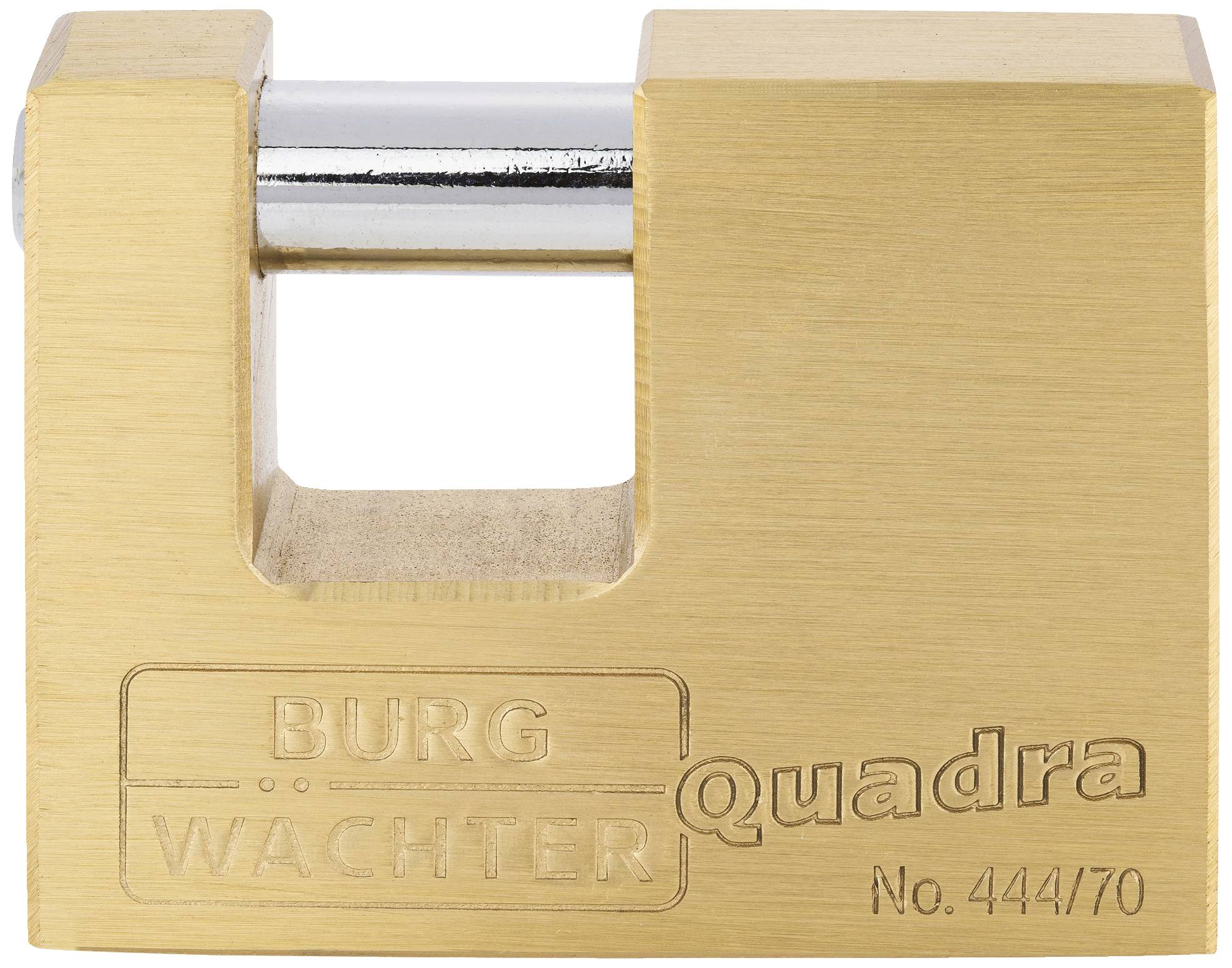 Ein rechteckiges, messingfarbenes Vorhängeschloss der Marke 'BURG WÄCHTER Quadra', Modellnummer 444/70, mit Stahlbügel.