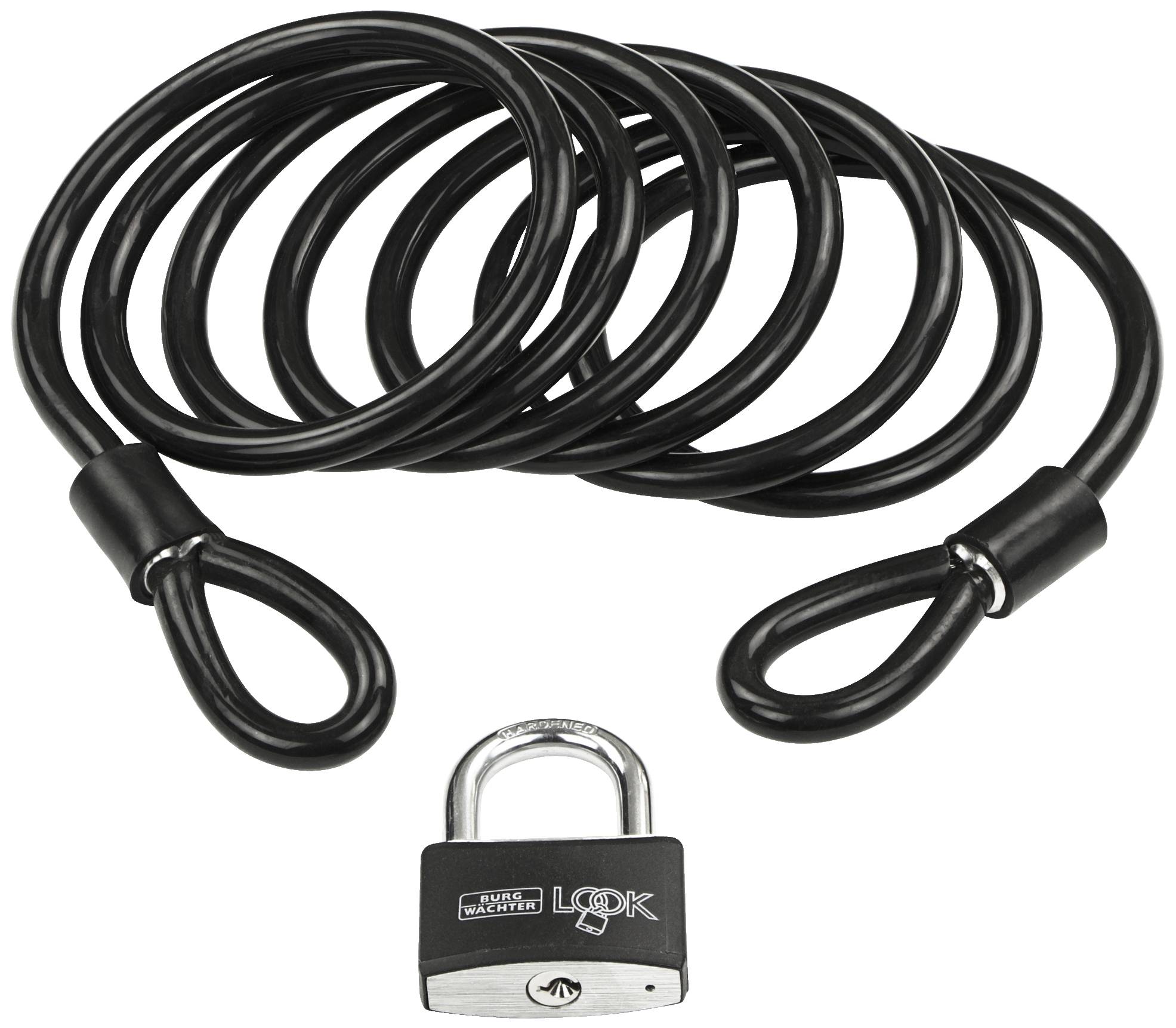 Ein schwarzes Kabelschloss mit zwei Schlaufenenden und einem kleinen, silbernen Vorhängeschloss. Geeignet zur Sicherung von Fahrrädern.