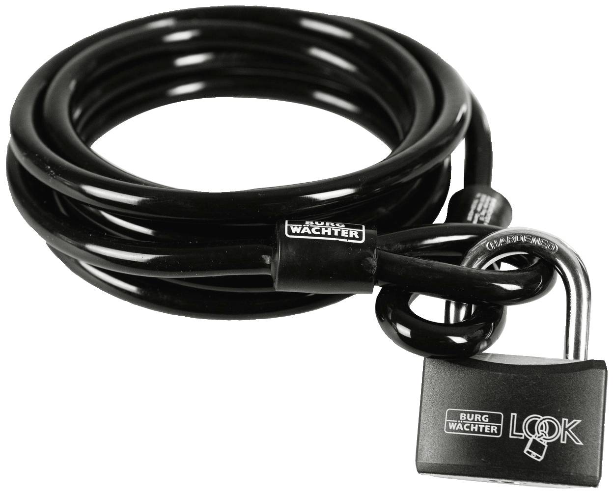 Mit einem Vorhängeschloss gesichertes, aufgerolltes, schwarzes Fahrradkabelschloss.