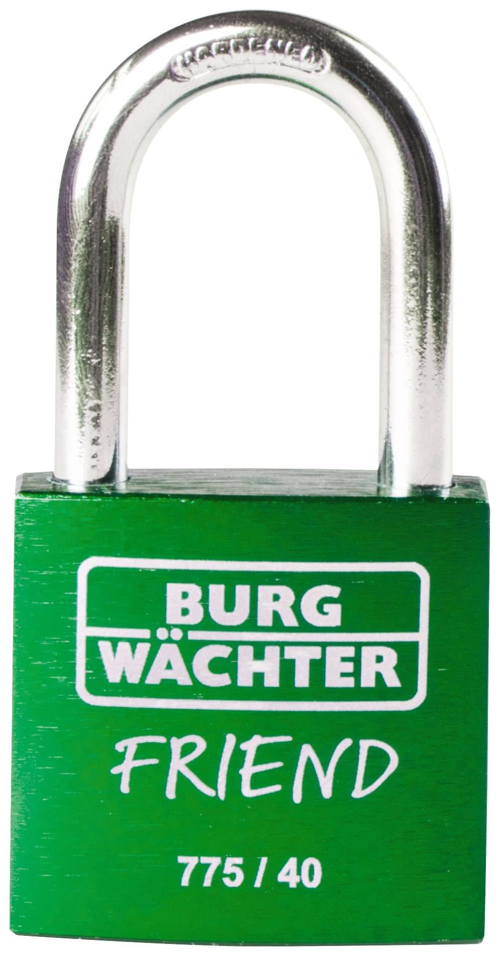 Ein grünes Vorhängeschloss mit der Aufschrift 'BURG WÄCHTER FRIEND 775/40'.