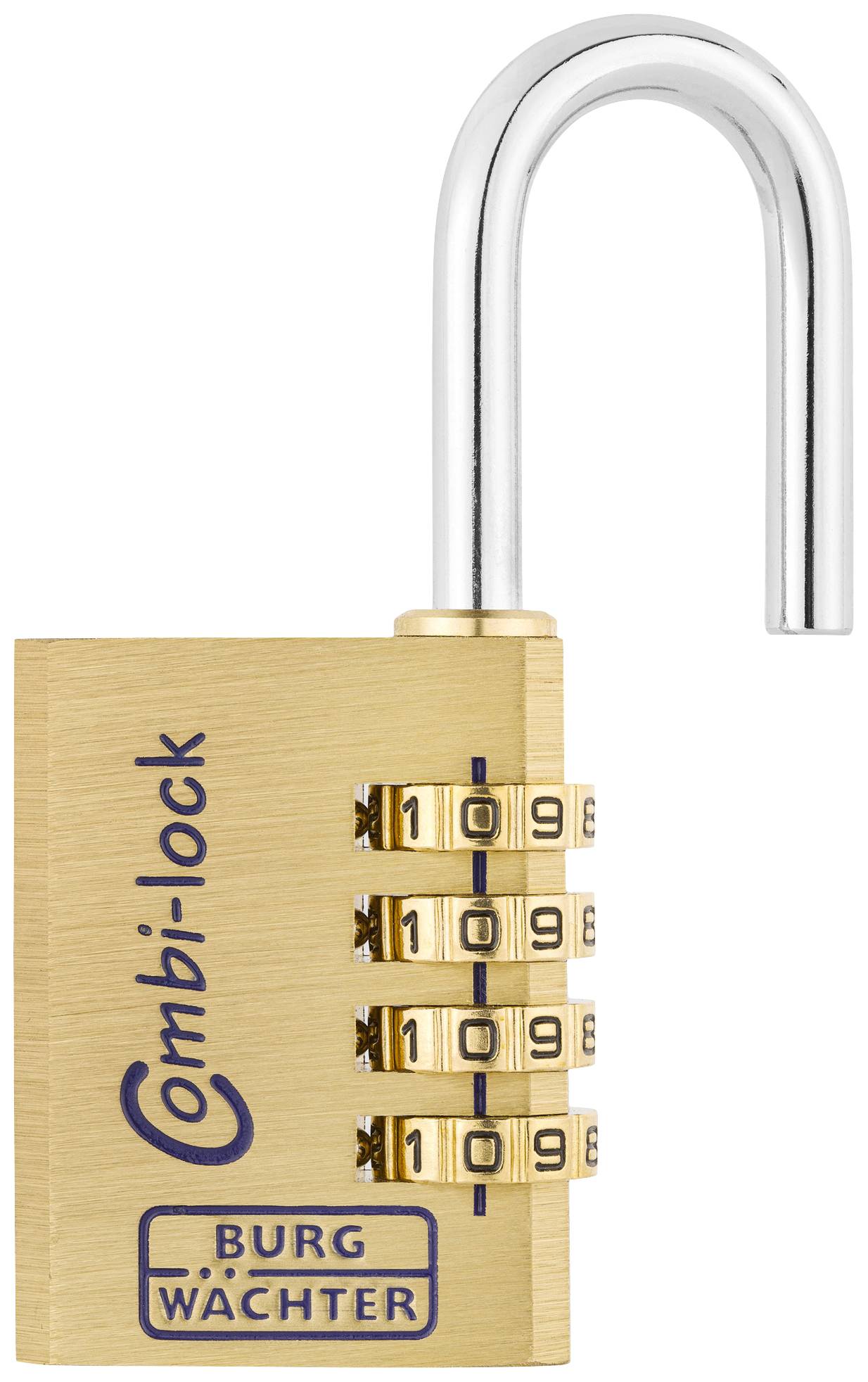 Ein offenes, messingfarbenes Kombinationsschloss mit der Aufschrift 'Combi-lock' und 'Burg Wächter'.