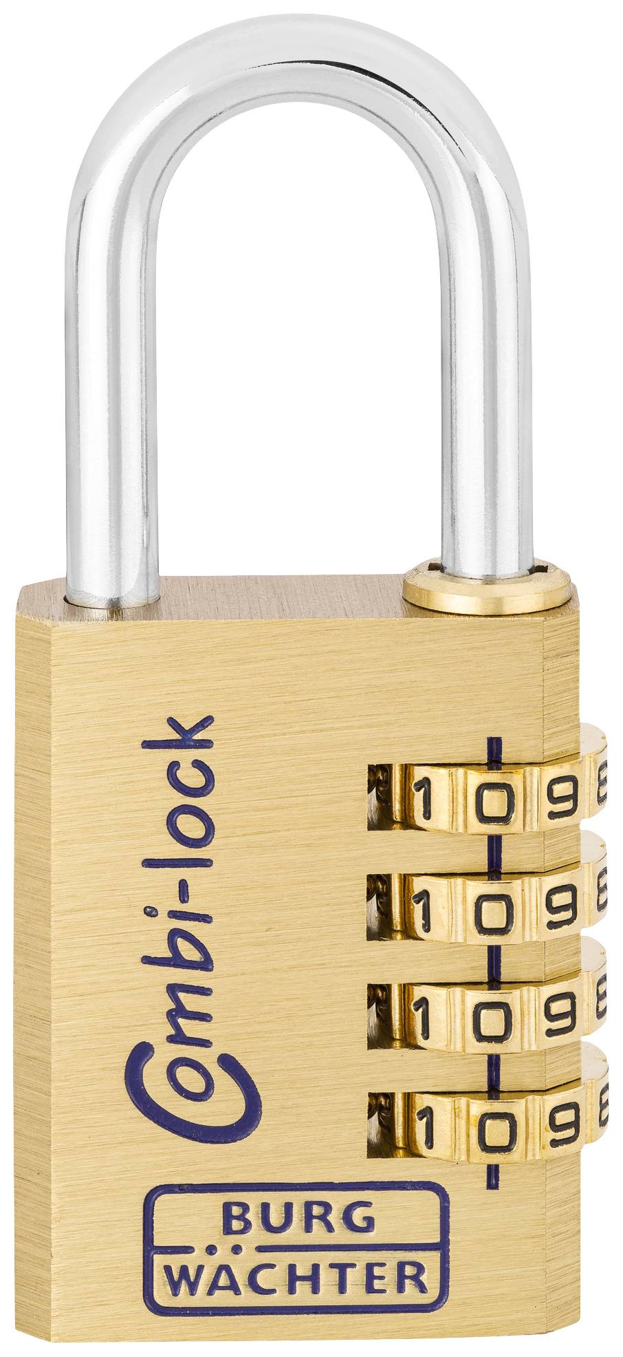 Ein Vorhängeschloss mit Zahlenschloss, markiert als 'Combi-lock' von 'Burg Wächter', zeigt die Zahlenkombination 0-9-6-5.