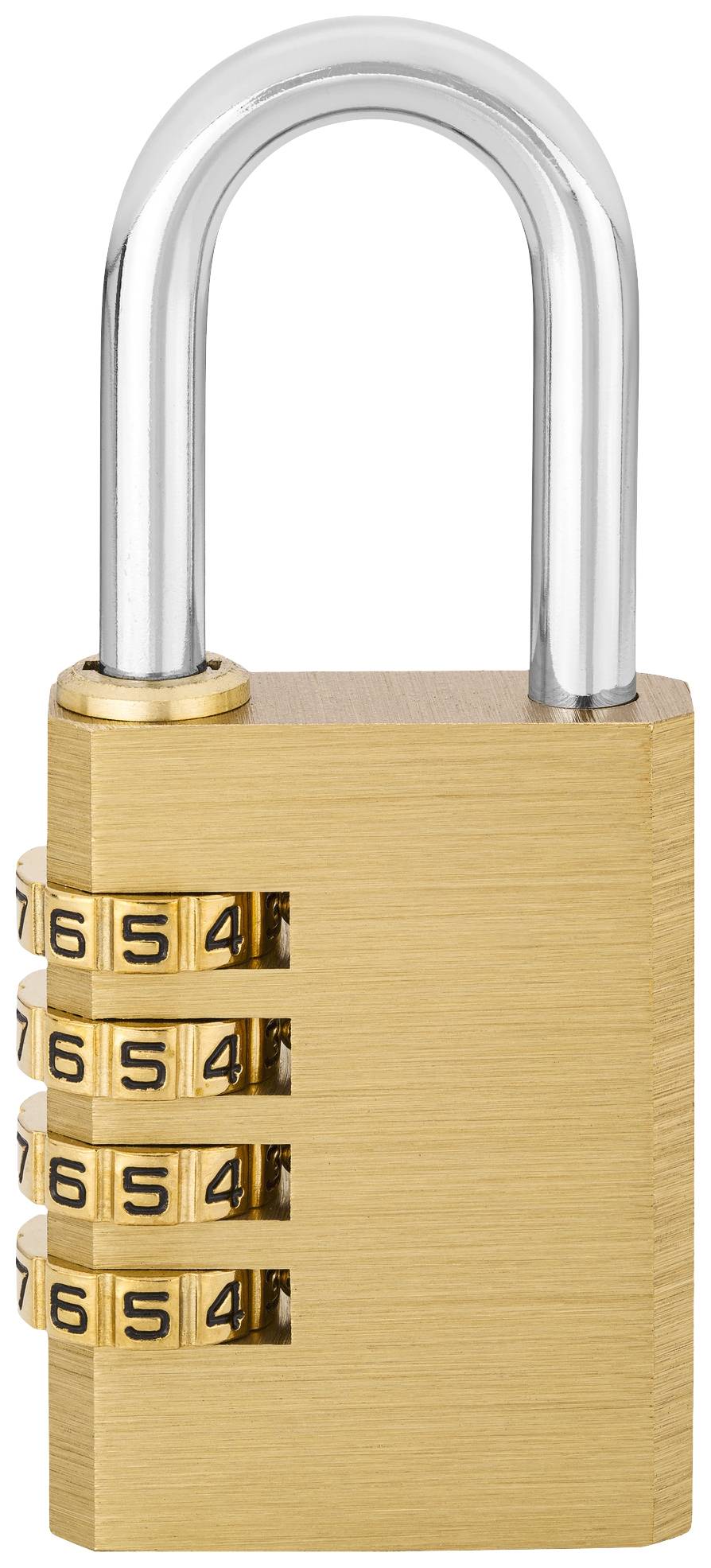 Vorhängeschloss mit vierstelliger Zahlenkombination, geschlossen. Goldfarbenes Gehäuse mit silbernem Bügel.