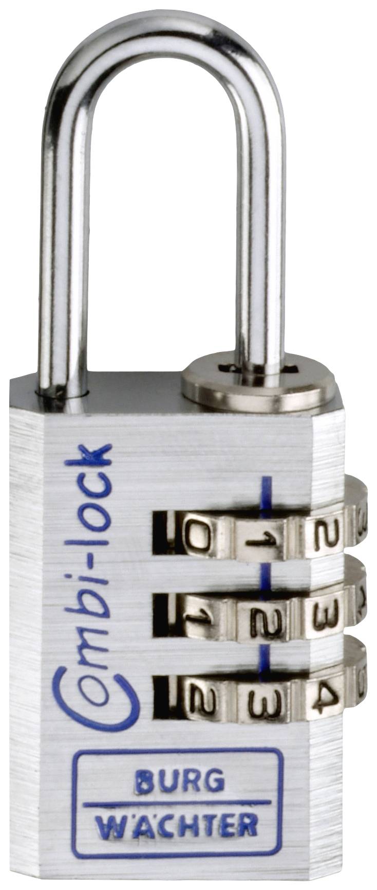 Silbernes Zahlenschloss mit drei drehbaren Zahlenrädern. Text 'Combi-Lock' und 'Burg Wächter' auf dem Schließkörper.