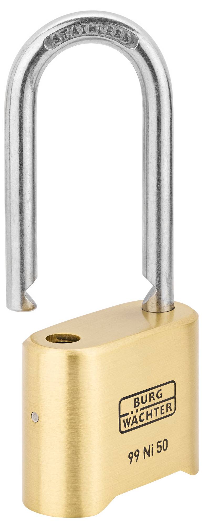 Ein offenes Vorhängeschloss aus Messing mit der Aufschrift 'Burg Wächter 99 Ni 50'. Es zeigt den geöffneten Bügel aus Edelstahl.