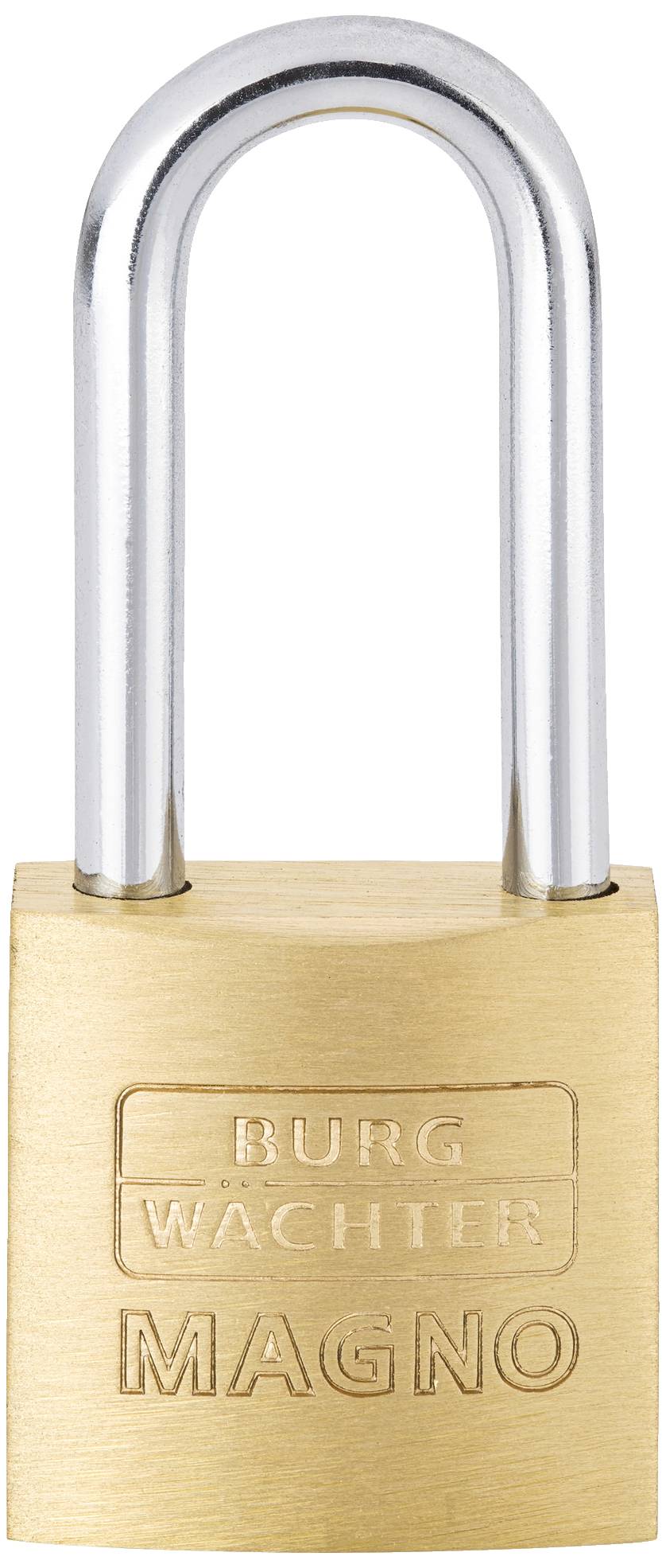Ein Vorhängeschloss aus Messing und Metallbügel, mit der Aufschrift 'Burg Wächter' und 'MAGNO'.