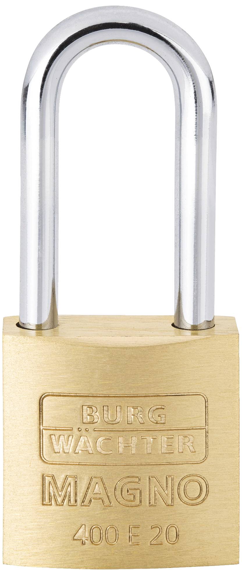 Ein messingfarbenes Vorhängeschloss mit der Aufschrift 'Burg Wächter Magno 400 E 20', geeignet für allgemeine Sicherungszwecke.