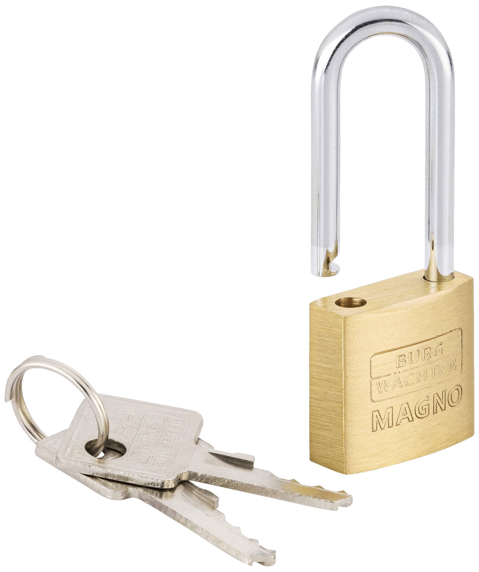 Ein Messingschloss mit 'Burg Wächter' Gravur, abgebildet mit zwei Schlüsseln auf einem Schlüsselring.
