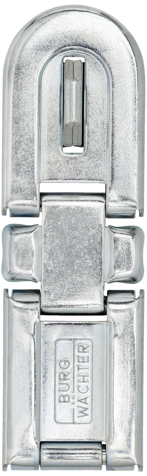 Ein silbernes, schwenkbares Überfallenklappschloss von Burg Wächter, mit ovalem Design, geeignet zur Sicherung von Türen oder Schränken.