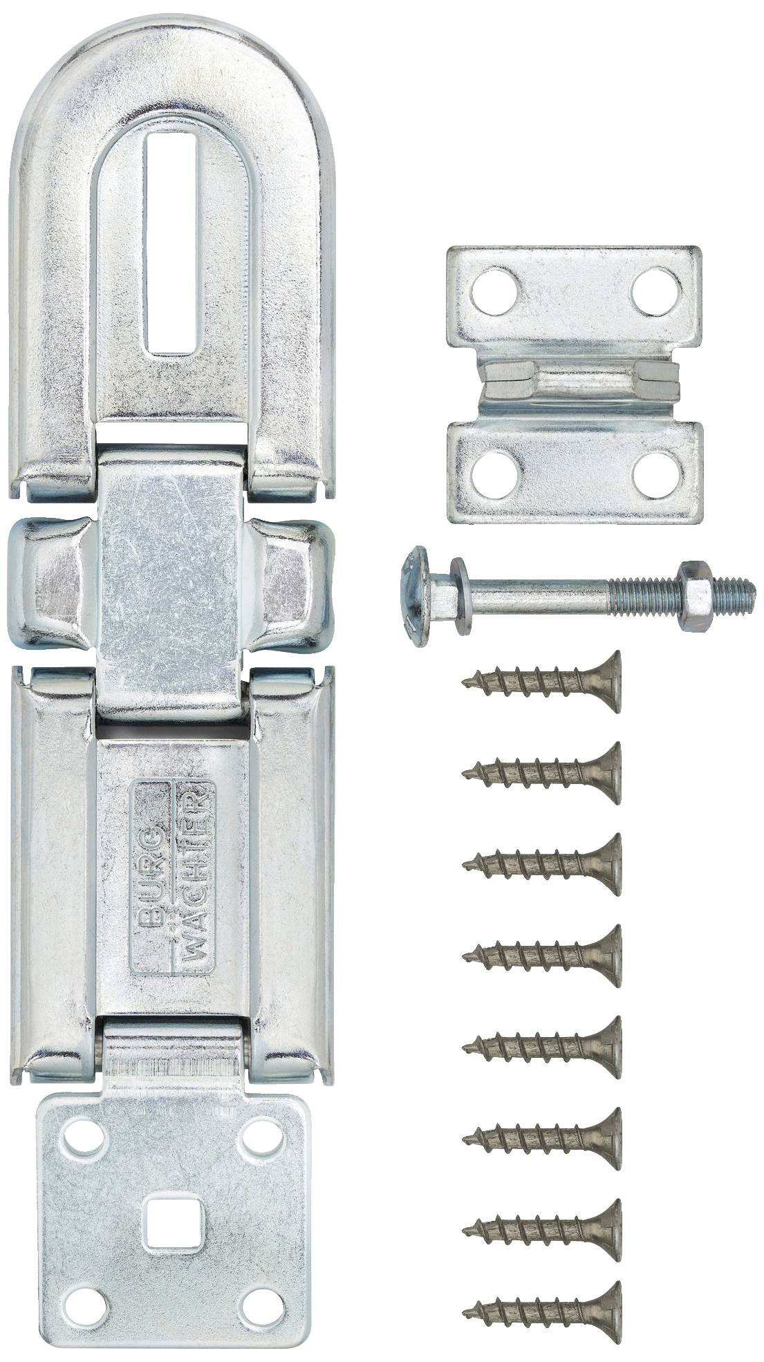 Metallscharnier-Set mit zwei Scharnieren, einem Bolzen und zehn Schrauben. Ideal für Holztüren oder Schrankverbindungen.