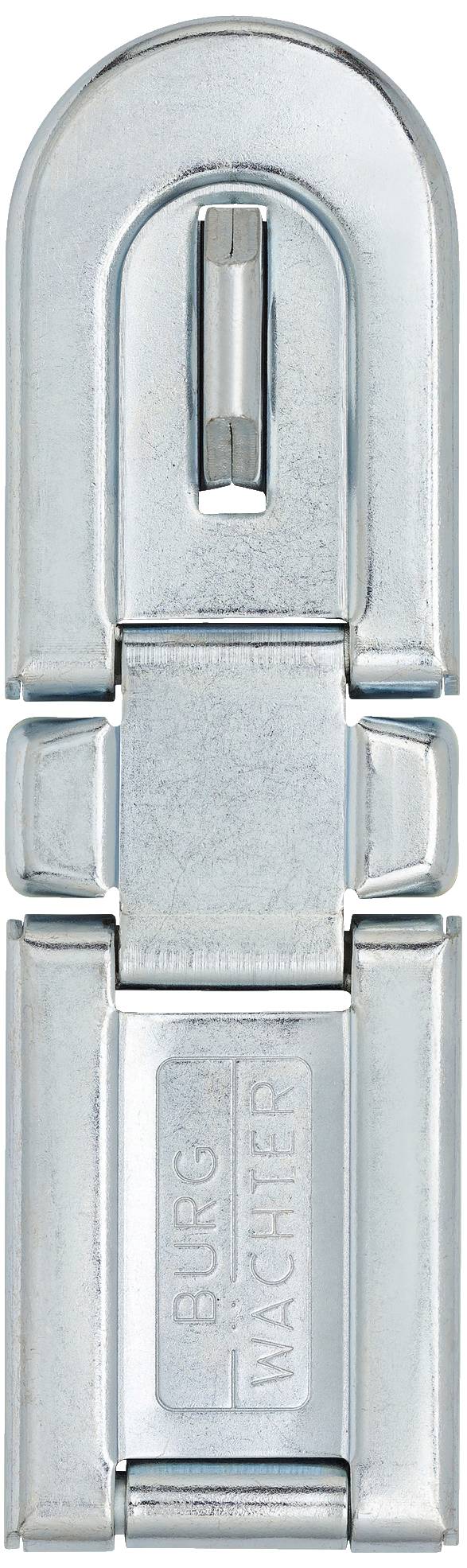 Ein silbernes Vorhängeschloss-Scharnier aus Metall, auf dem 'Burg Wächter' eingraviert ist. Geeignet zur Sicherung von Türen.