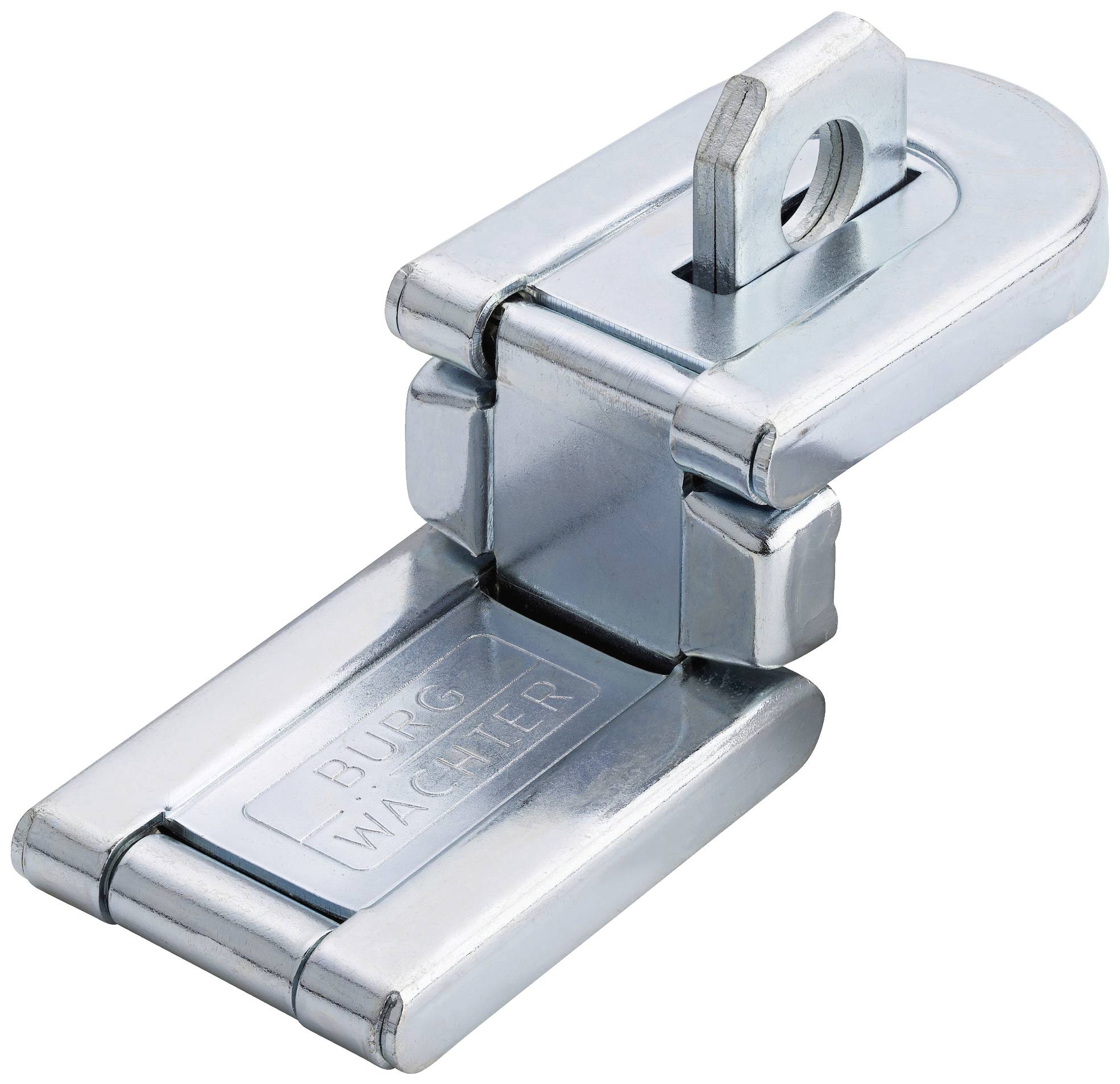 Ein silbernes Scharnier mit Vorhängeschloss-Option, teils geöffnet. Aufschrift 'Burg Wächter' sichtbar. Geeignet zur Sicherung von Türen.