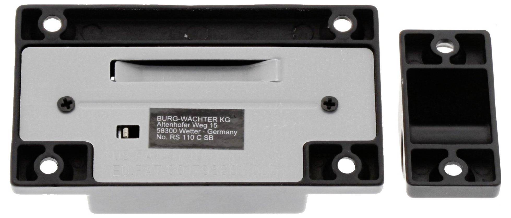Türverriegelungssystem mit rechteckigem Design, schwarzen Kanten und einem grauen Mittelteil. Enthält ein Herstelleretikett mit Kontaktinformationen.