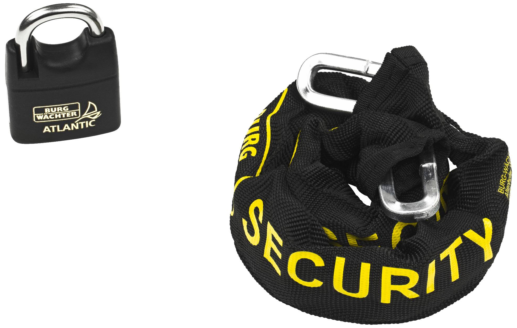 Schwarzes Vorhängeschloss und Sicherheitsschlosskette mit gelbem 'SECURITY'-Schriftzug, symbolisiert Schutz und Sicherheit.