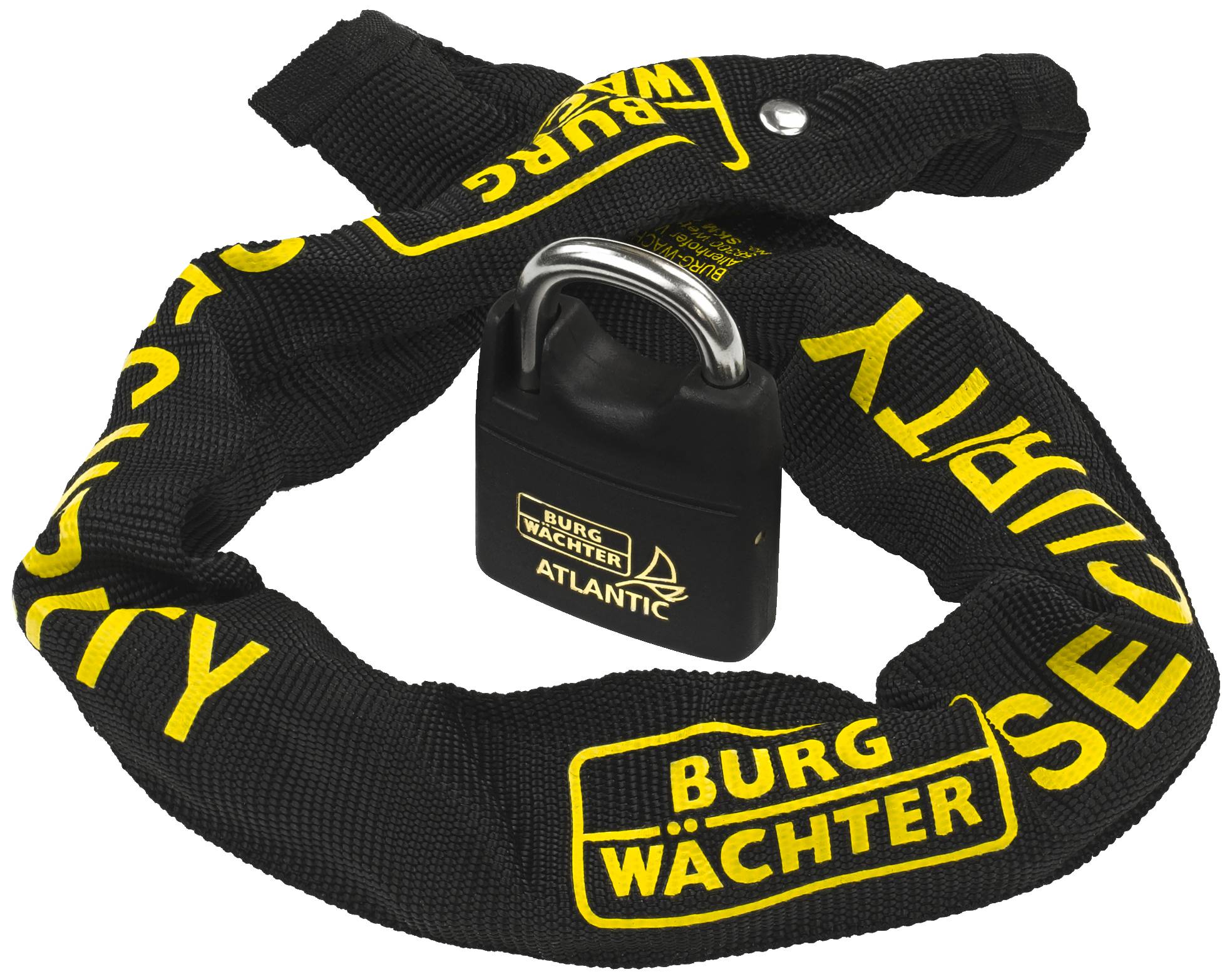 Schwarzes Sicherheitsschloss mit Kette, markiert mit gelbem Text 'BURG WÄCHTER SECURITY', symbolisiert Schutz und Sicherheit.