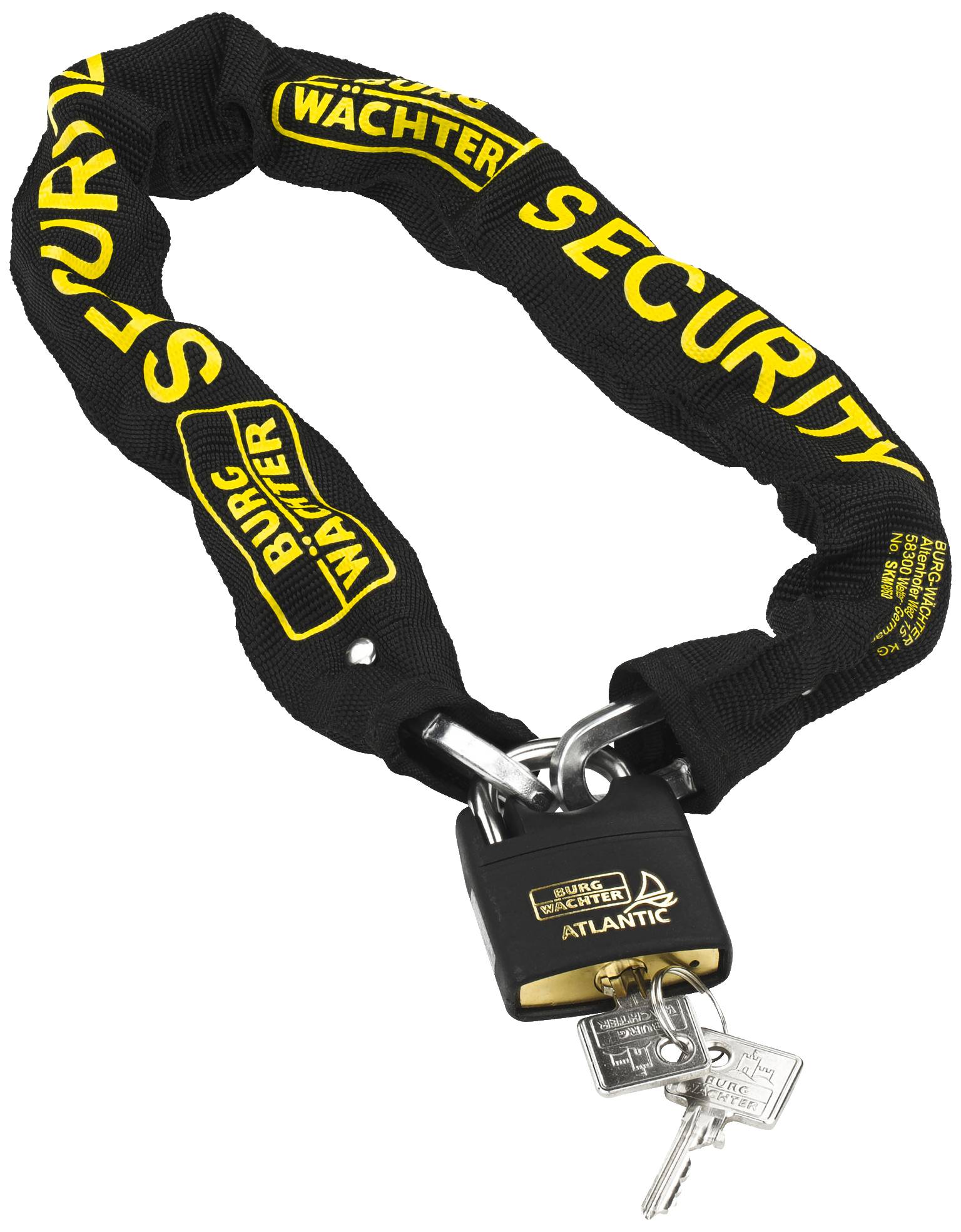 Schwarze Sicherheitsschlosskette mit gelbem Text 'Security' und 'Burg Wächter', abgeschlossen mit Vorhängeschloss und zwei Schlüsseln.