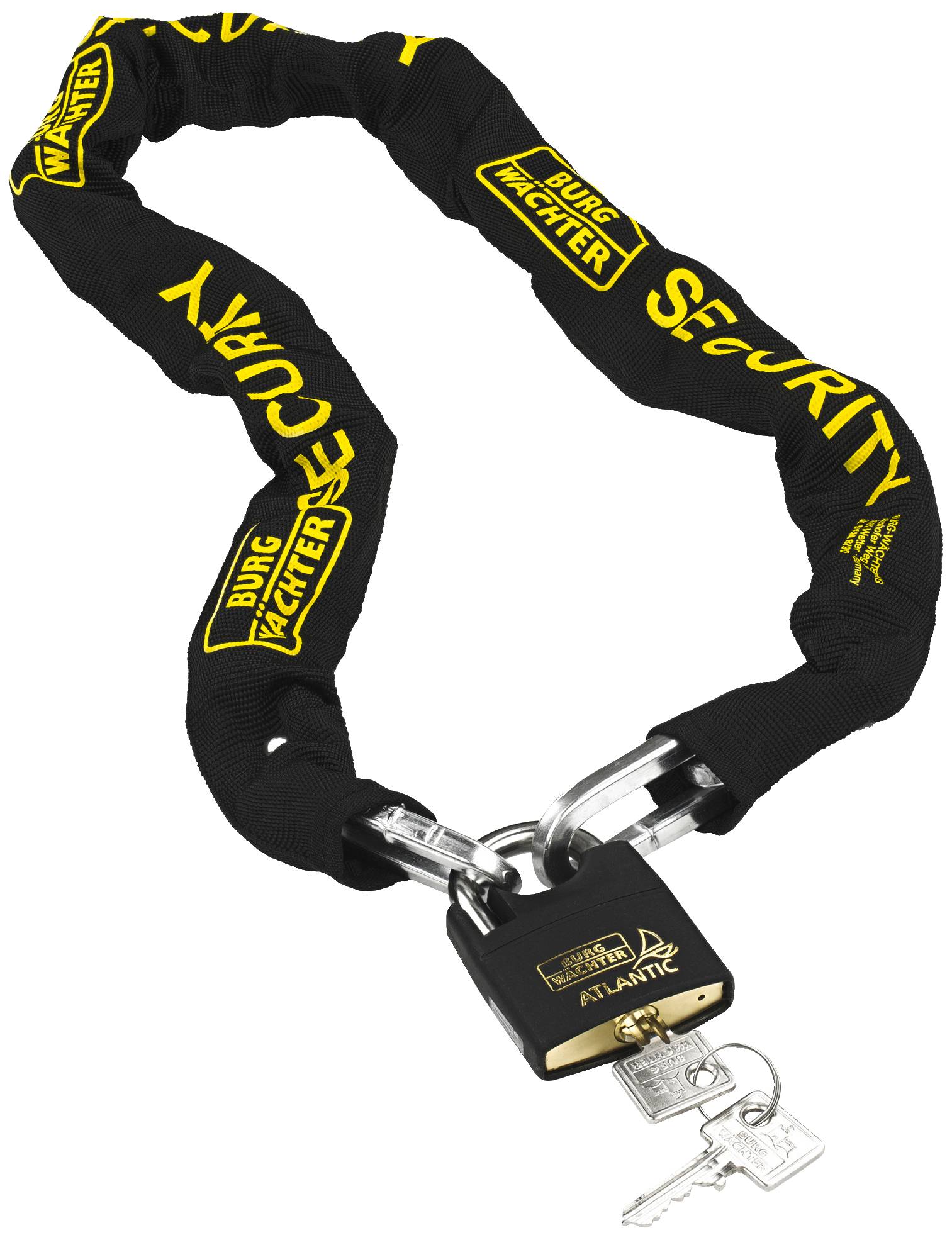 Ein schwarzes Sicherheitsschloss mit gelben Schriftzügen und einem schweren Metallkettenanhang, an dem zwei silberne Schlüssel hängen.