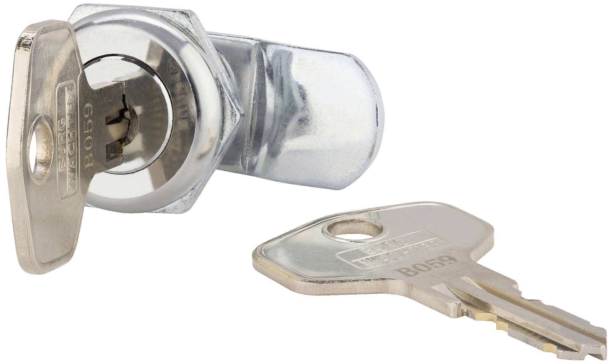 Ein silbernes Schlüsselschloss mit einem abnehmbaren Schlüssel, der daneben liegt. Das Schloss ist für mechanische Sicherungen geeignet.