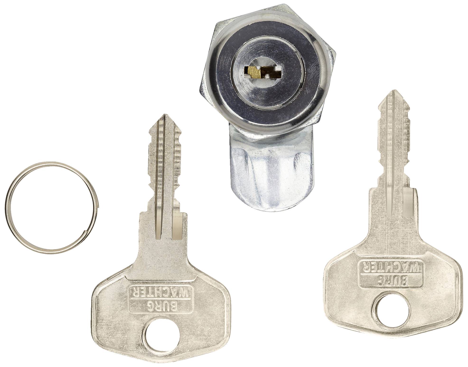 Ein Metallschließzylinder mit zwei passenden Schlüsseln und einem Schlüsselring. Der Zylinder ist für Schranktüren oder Schließfächer geeignet.