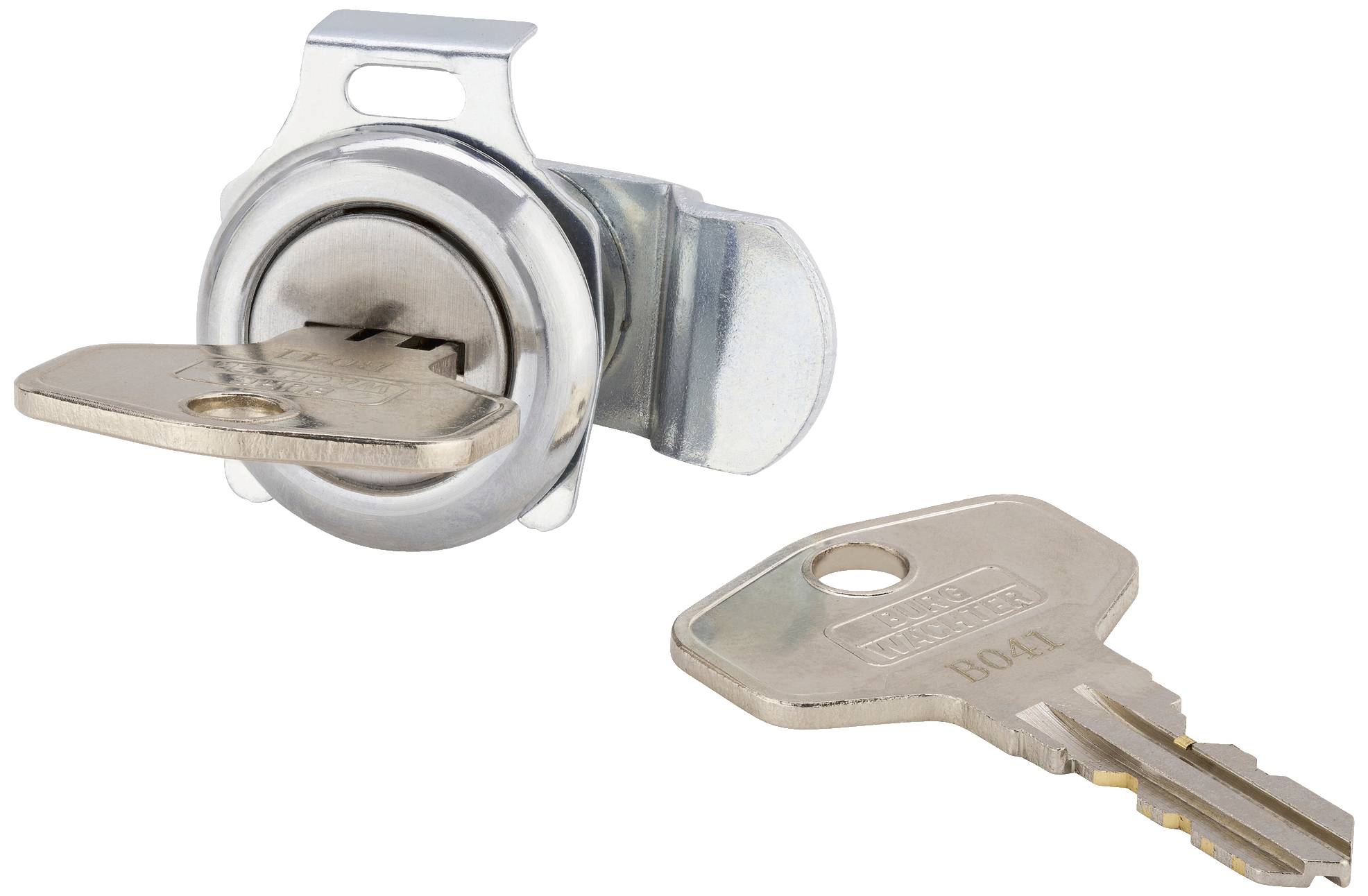 Ein Zylinderschloss mit einem eingesteckten Schlüssel und einem zusätzlich liegenden Schlüssel auf einer weißen Oberfläche.