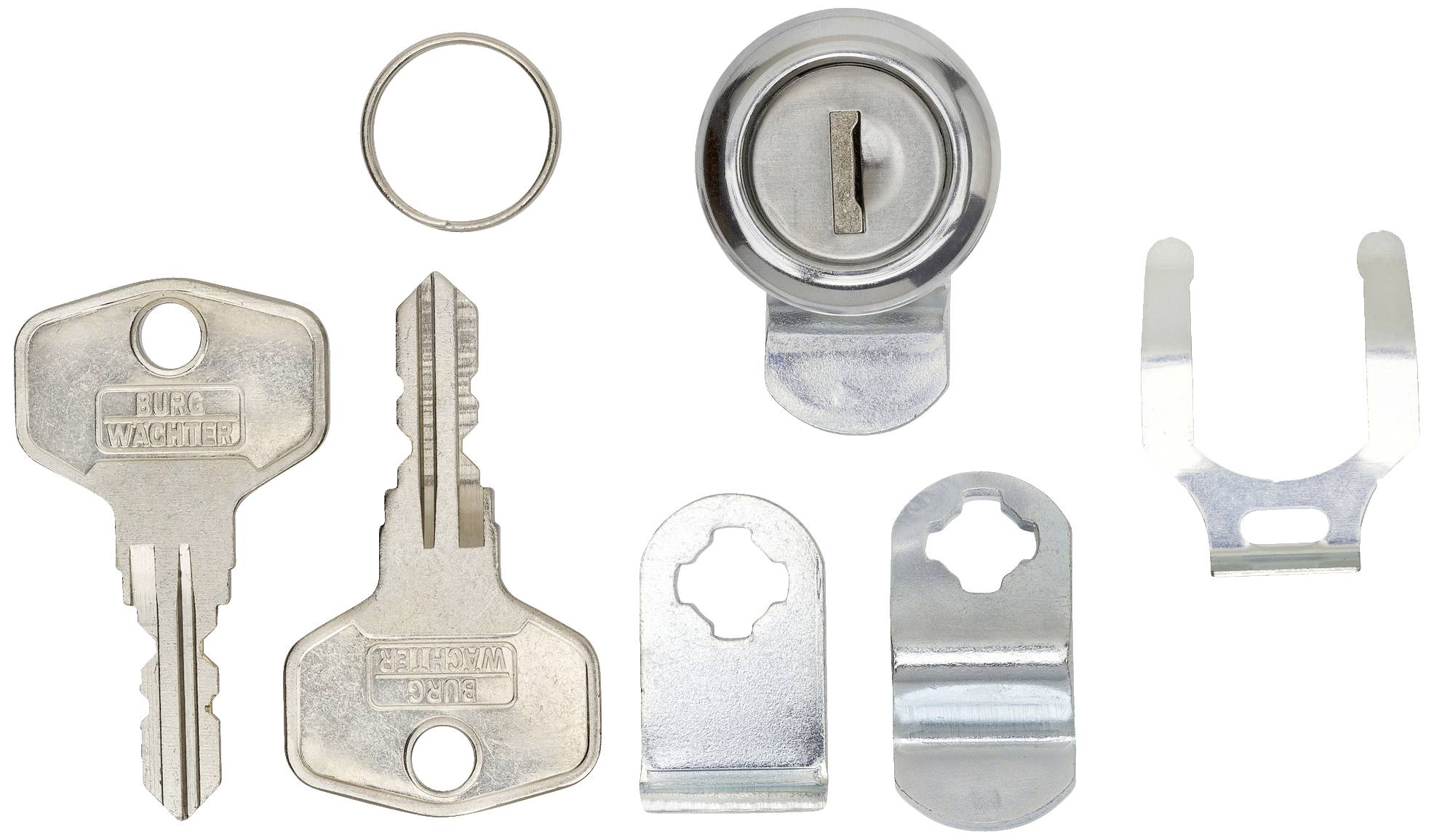 Ein Satz von sieben Schlösser- und Schlüsselteilen, darunter zwei Schlüssel, ein Schließzylinder und Metallbefestigungen, auf weißem Hintergrund.
