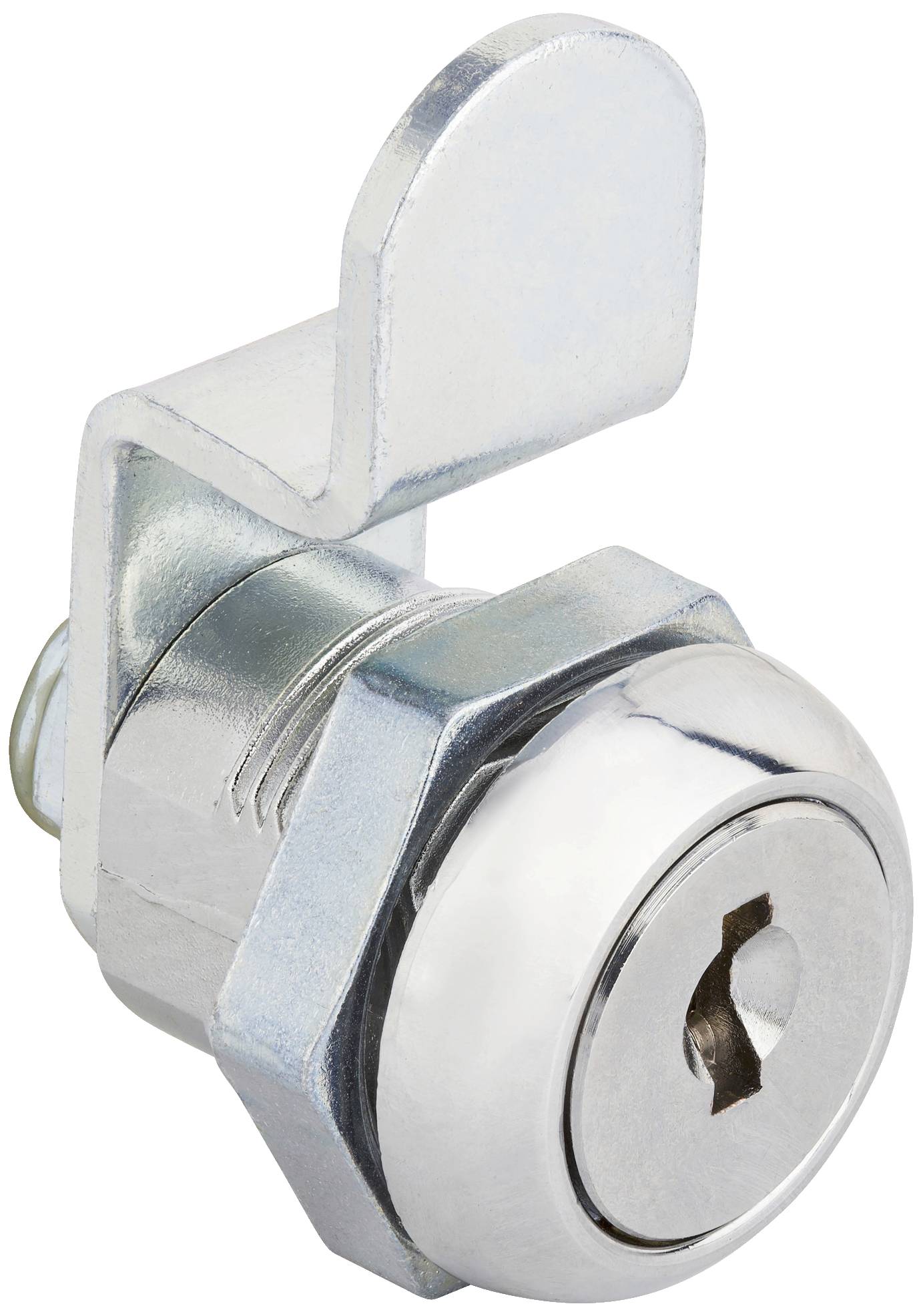 Metallschloss mit sechseckigem Gehäuse und schlitzförmigem Schlüsselloch, geeignet für Schränke und Schubladen.