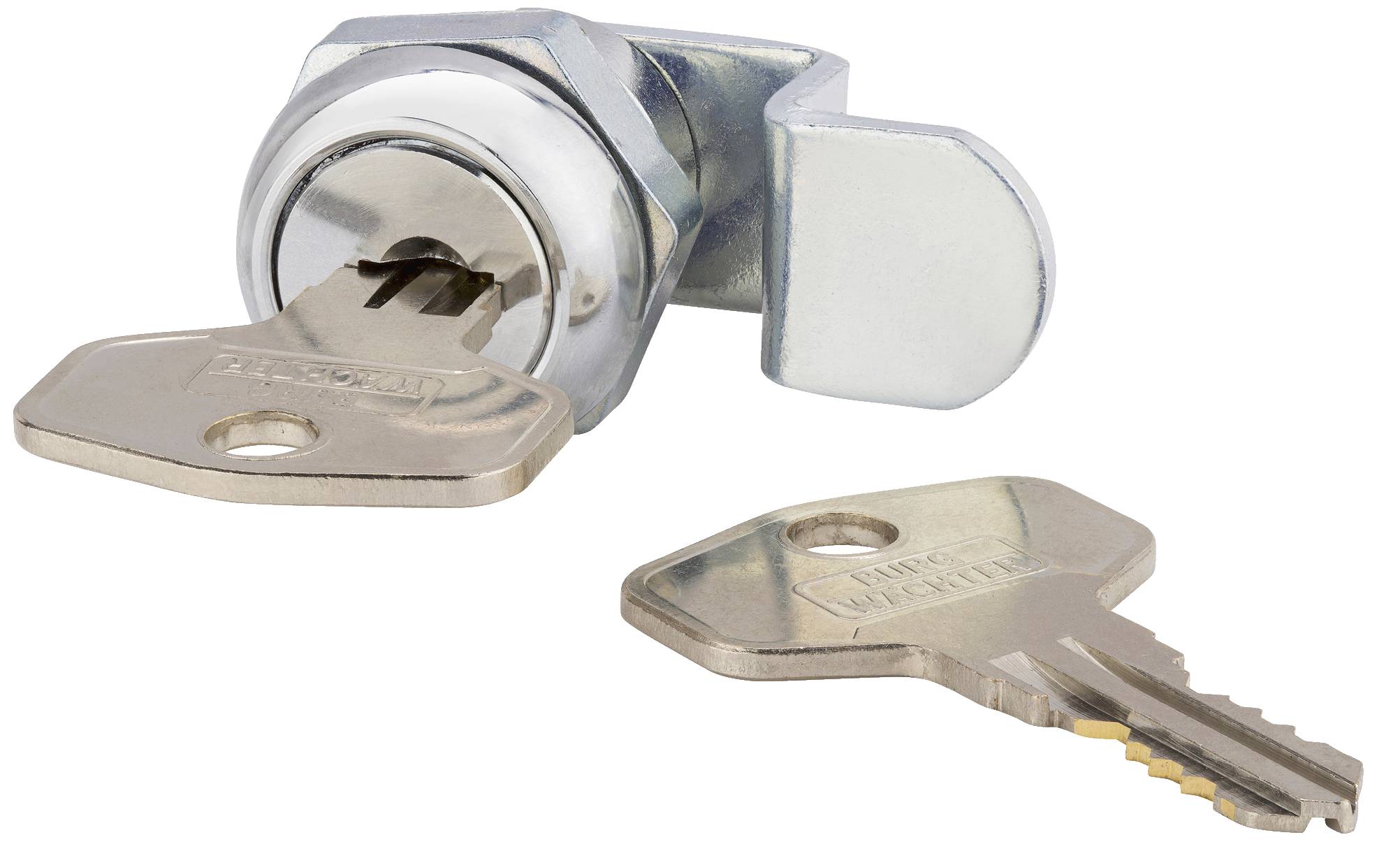 Ein silbernes Schloss mit eingesetztem und einem zusätzlichen, daneben liegenden Schlüssel.