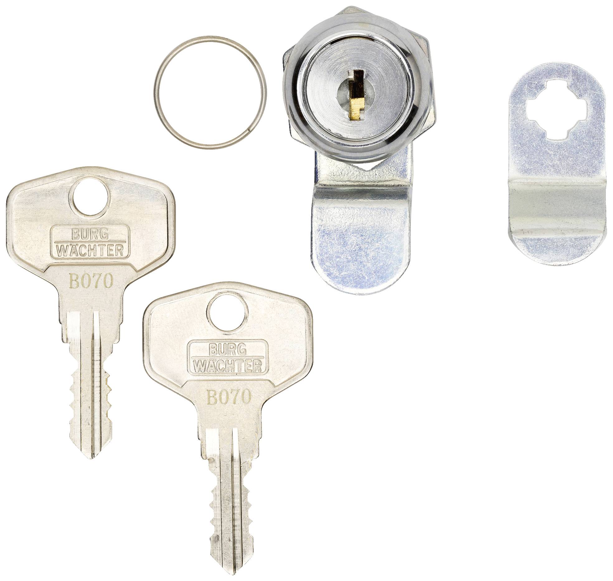Zylinderschloss mit zwei Schlüsseln, Riegel und Befestigungsring. Schlüssel mit Gravur 'BURG WÄCHTER B070'.