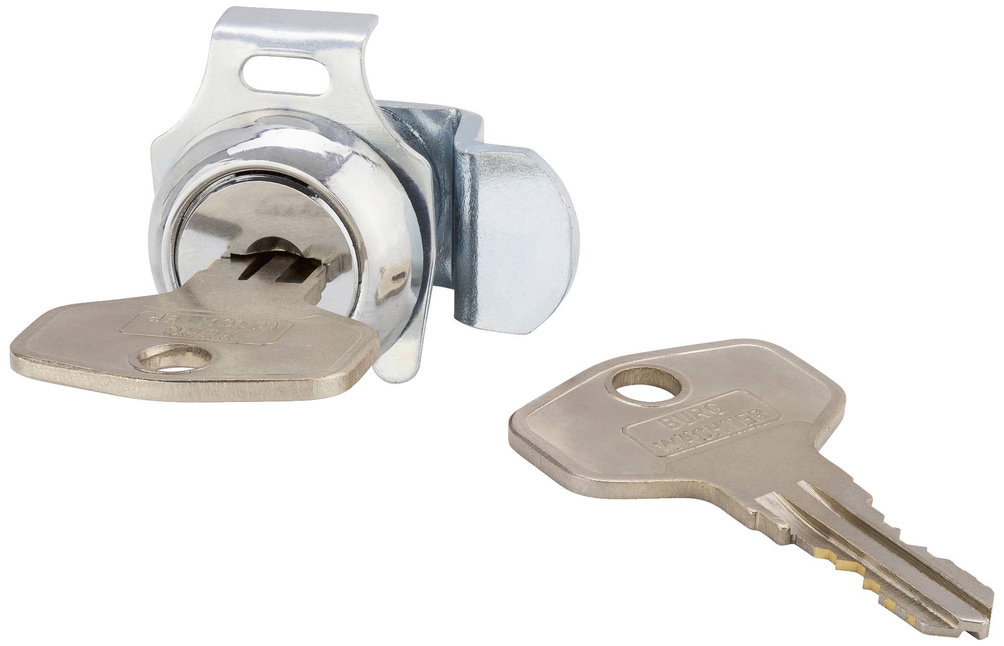 Ein Zylinderschloss mit einem eingesteckten Schlüssel, daneben liegt ein zweiter, identischer Schlüssel.