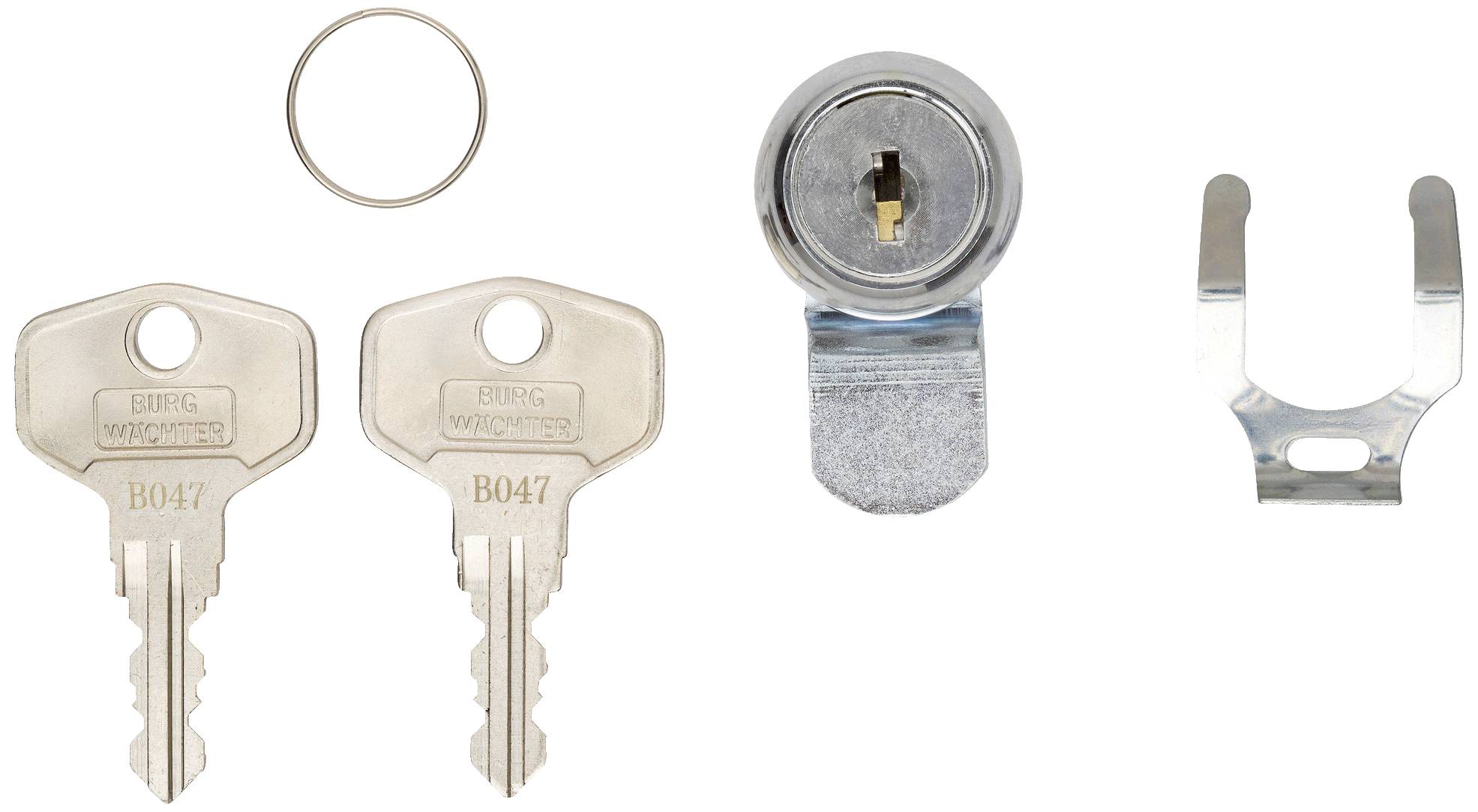 Zylinderschloss-Set mit zwei Schlüsseln, einem Sicherungsring und einer Befestigungsplatte.