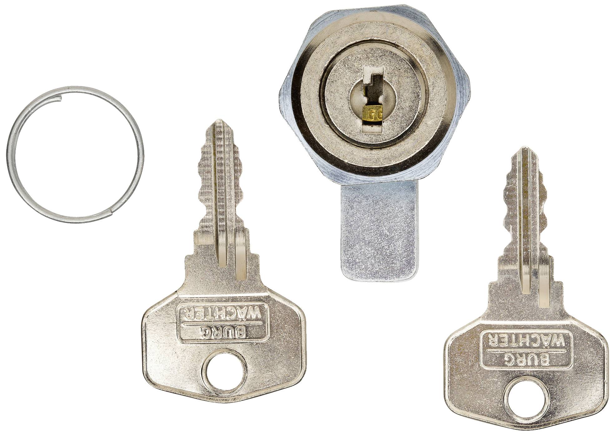 Zwei gleichartige Schlüssel und ein Schlosszylinder mit Schließhebel, daneben ein Metallring. Alle Teile scheinen zu einem Schlossset zu gehören.