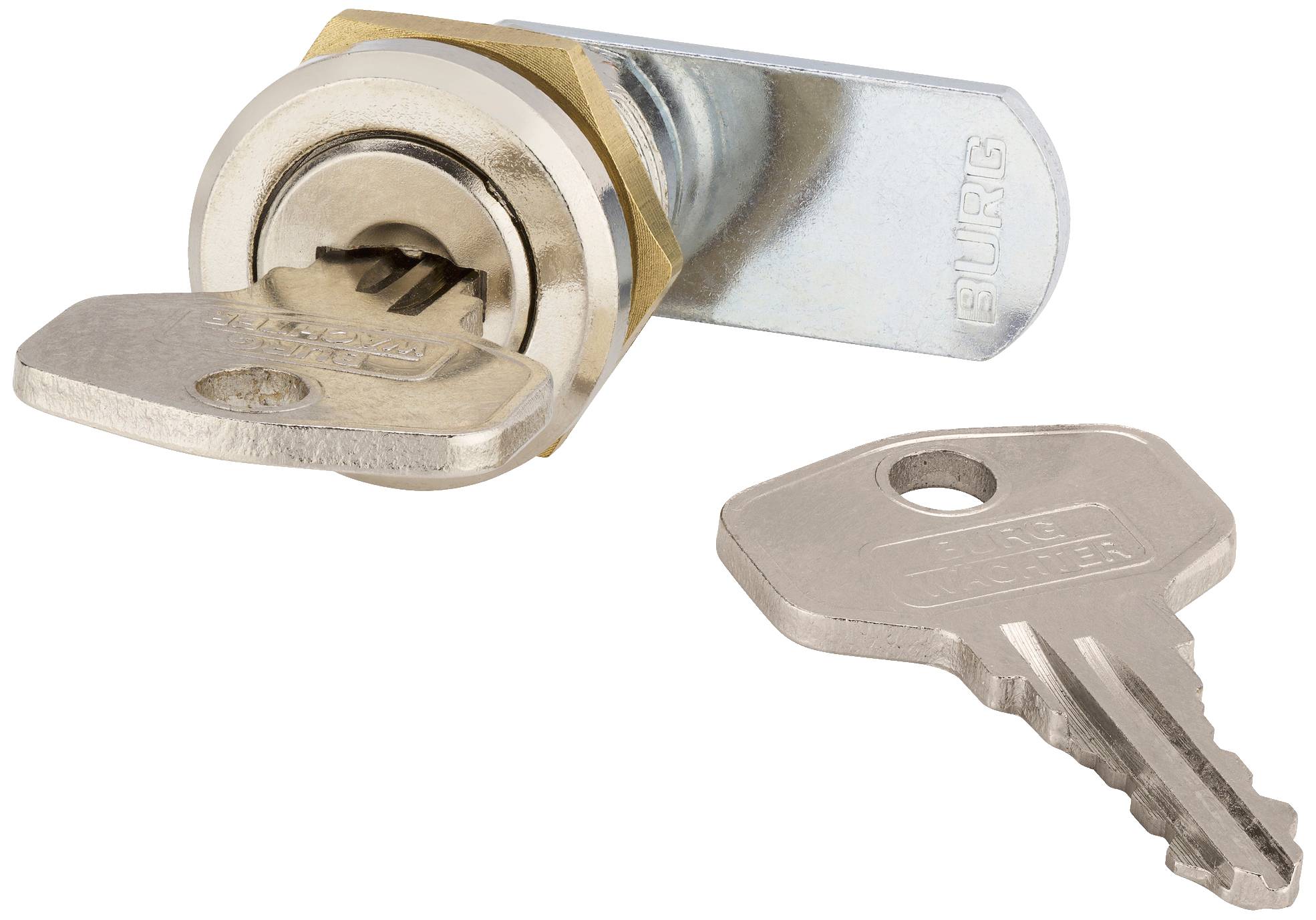 Ein Zylinderschloss mit montierter Sicherung und danebenliegendem Schlüssel auf weißem Hintergrund.