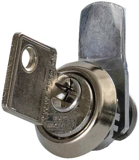 Schloss mit eingesetztem Schlüssel, beide aus Metall. Das Schloss ist rund und zeigt eine Schließvorrichtung.