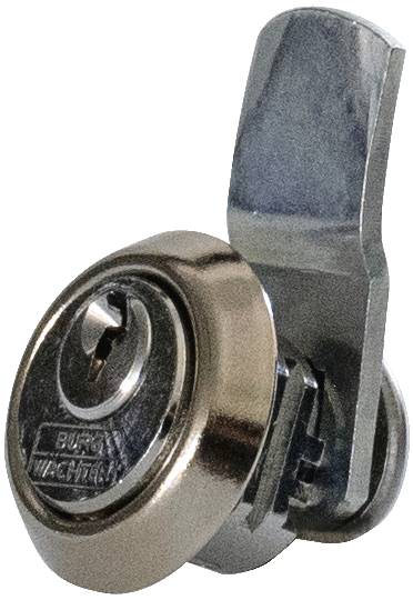 Metallisches Briefkastenschloss in Seitenansicht, mit einem sichtbaren Schlüsselloch und einer abgerundeten Drehplatte.