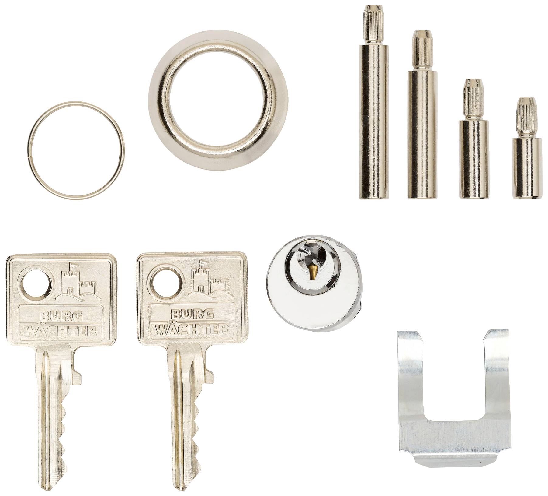 Zwei Schlüssel und ein Schlosszylinder, umgeben von Metallringen und kleinen Zylinderteilen. Werkzeuge zur Türinstallation oder -reparatur.