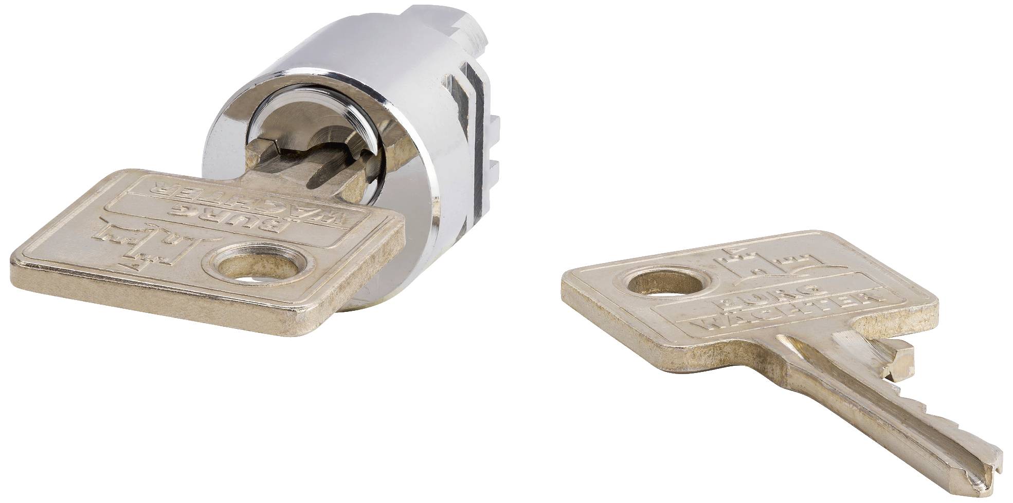 Zwei Metallschlüssel, einer steckt in einem verchromten Zylinderschloss, der andere liegt daneben. Geeignet für Möbel oder Schubladen.