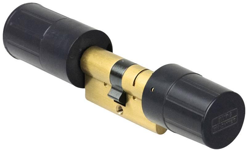 Ein goldener Türzylinder aus Metall mit schwarzen Endkappen, geeignet für Türschlösser und Sicherheitstechnik.