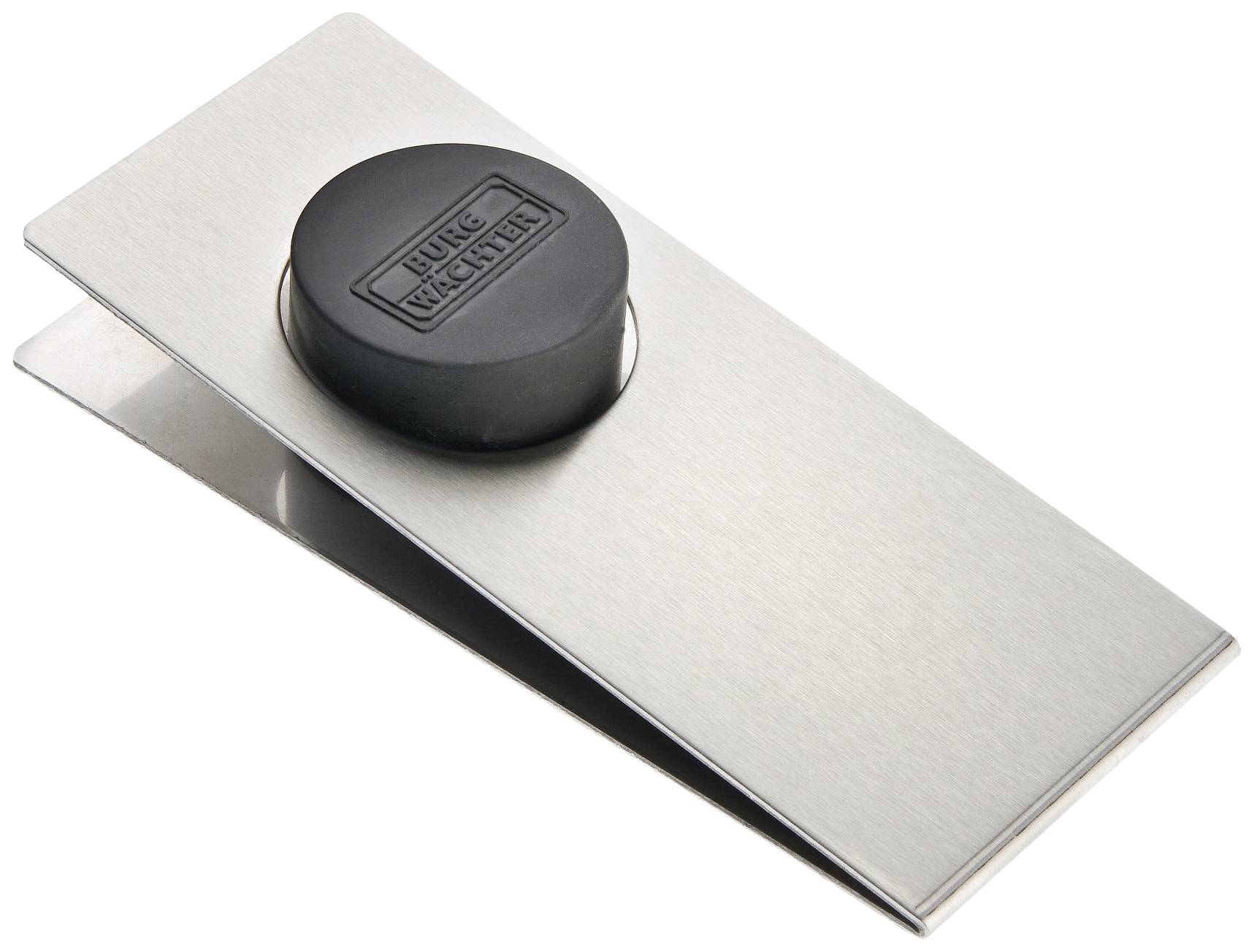 Ein metallischer Briefhalter mit einem runden, schwarzen Magneten in der Mitte. Der Magnet hat den Schriftzug 'Büroartikel'.