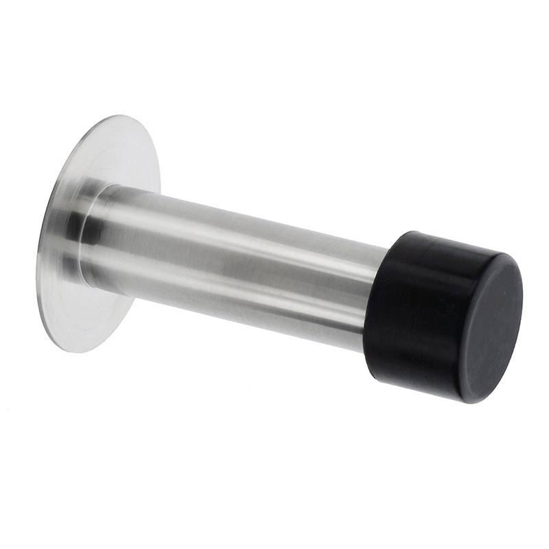 Metallischer Türstopper mit rundem Sockel und schwarzer, runder Gummikappe. Verhindert Beschädigungen durch Türöffnen.