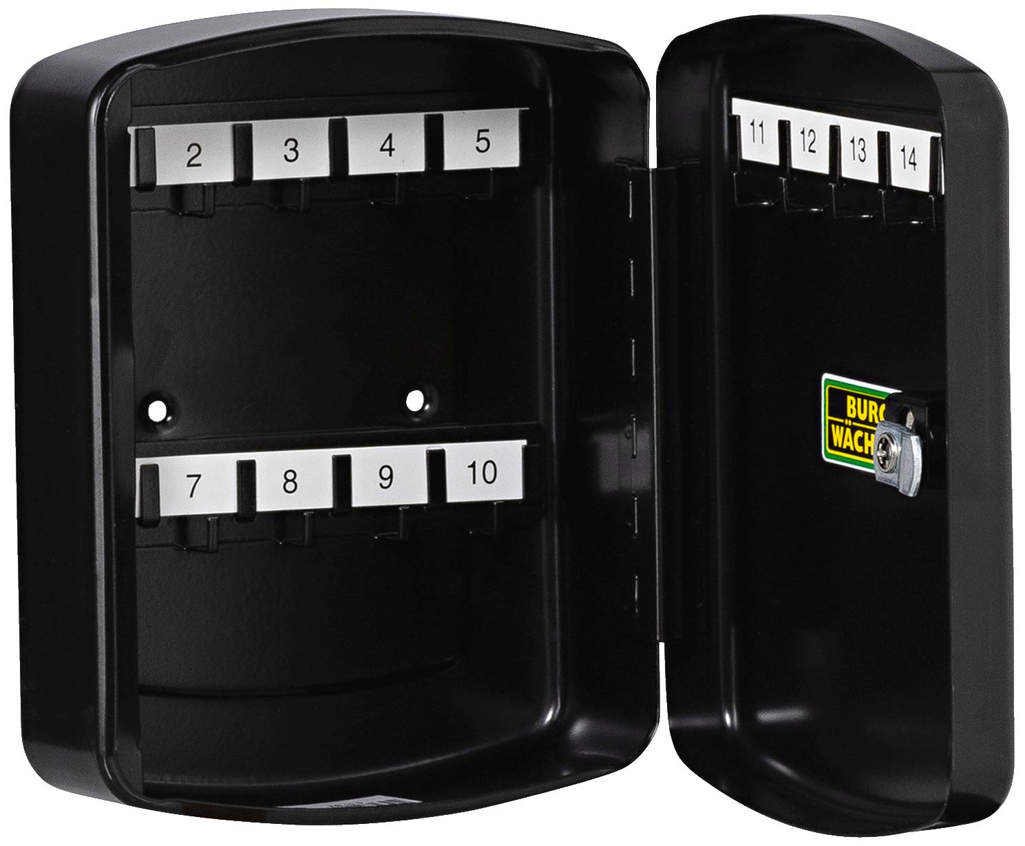 Schwarzer Schlüsselschrank mit offenem Türchen, innen nummerierte Haken von 1 bis 12, zum Aufbewahren von Schlüsseln.