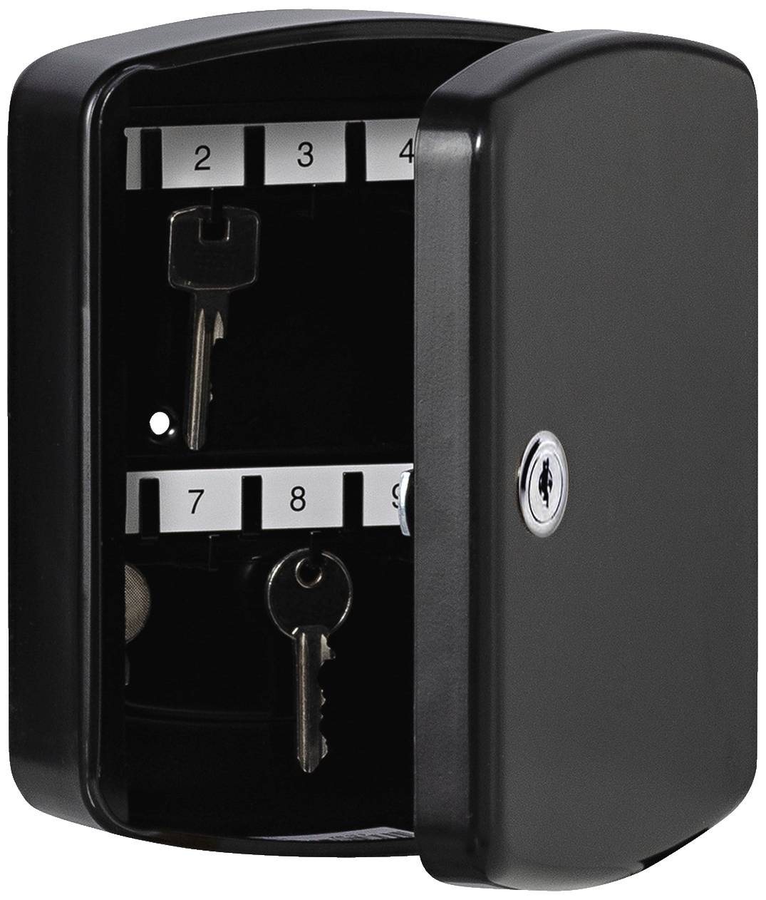 Schwarzer Schlüsselkasten mit offener Tür, sichtbare Ziffern 2 bis 9, zwei Schlüssel hängen innen.