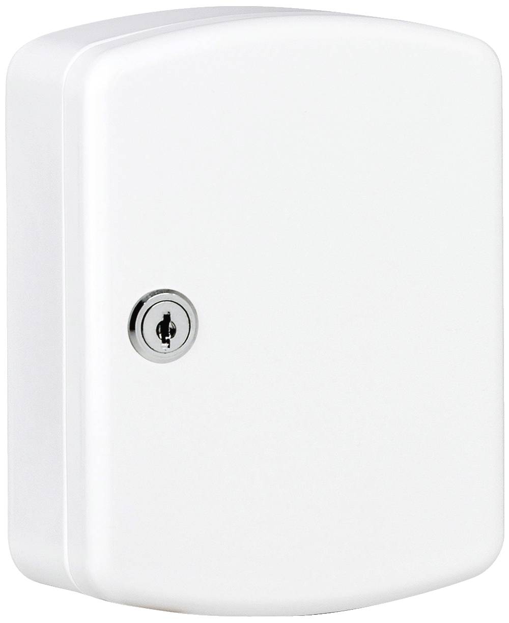 Ein weißer, rechteckiger Schlüsselkasten mit abgerundeten Ecken und einem eingebauten Schloss an der Vorderseite.