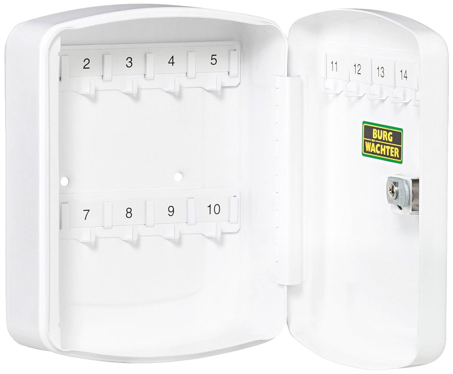 Offene Schlüsselbox mit Zahlenmarkierungen von 1 bis 13 in zwei Reihen und einem Drehverschluss.