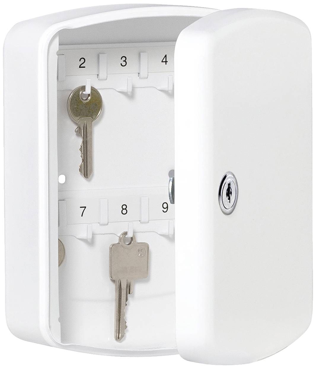 Weiße Schlüsselkassette mit geöffneter Tür. Drei Schlüssel hängen an nummerierten Haken: 2, 4 und 9.