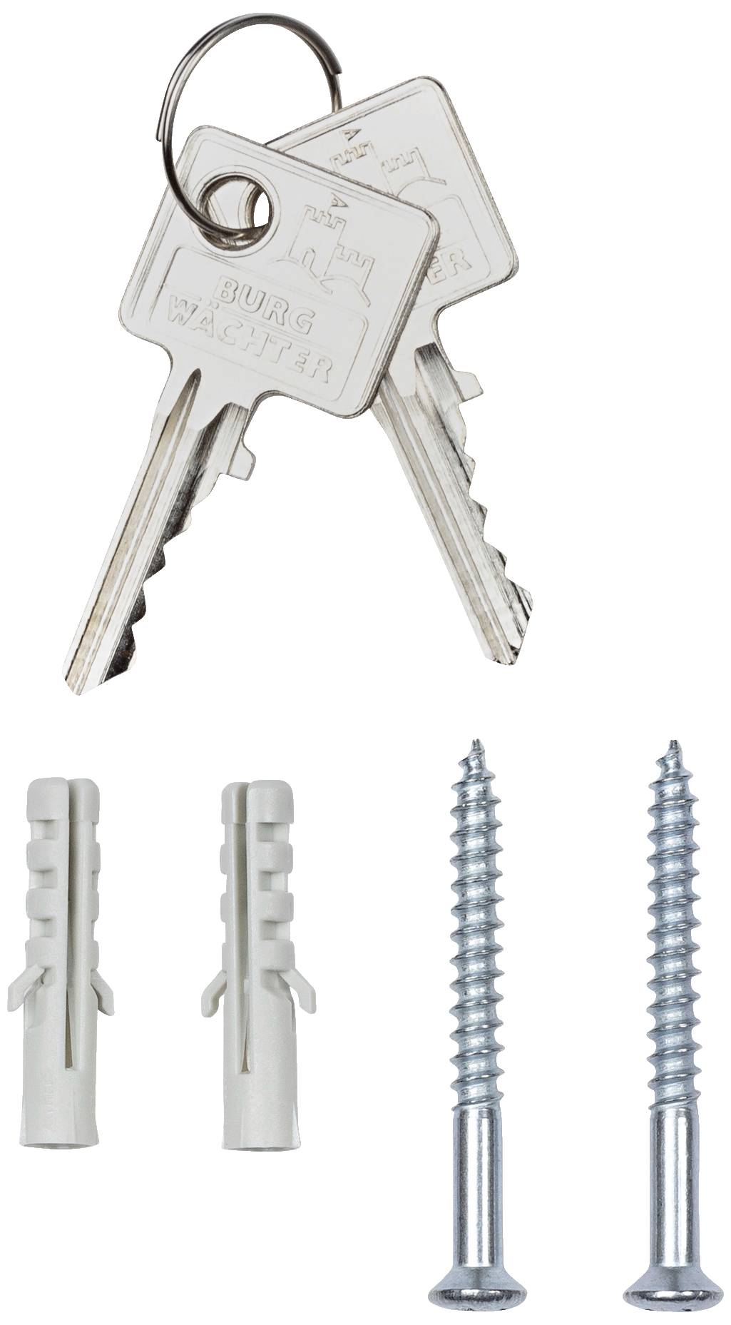 Zwei Metallschlüssel an einem Ring, darunter zwei Dübel und zwei Schrauben.